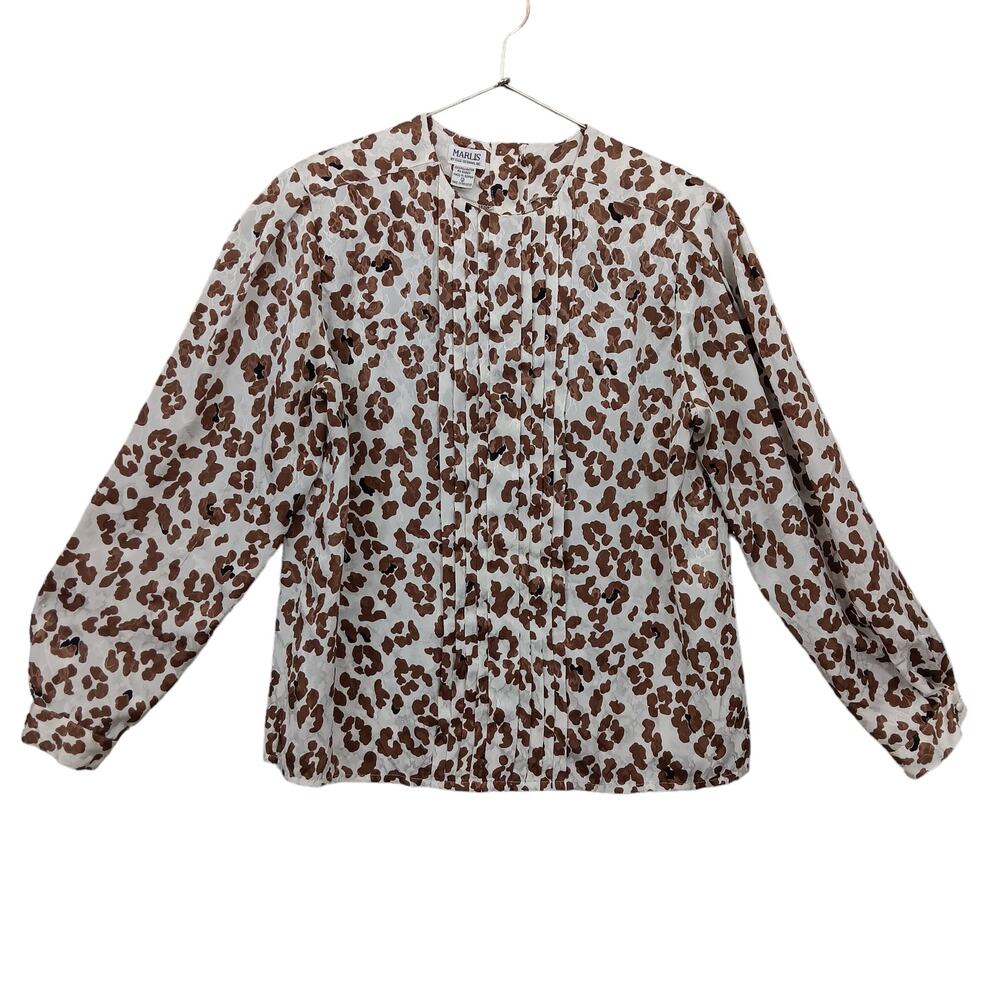 Vintage Marlis Animal Print Blouse Size 12 Brown and White Long Sleeve - Picture 3 of 11